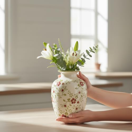 Green and White Floral Vase for Flower, 7 Inch Vintage Ceramic Vase for Home Decor, Office Table, Bedroom, Vintage Shelf, Windowsill, Nightstand Decor - color: Green and White