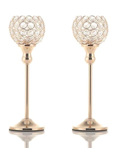 VINCIGANT Gold Crystal Candle Holders Set of 2 for Fireplace Coffee Table Mantle Decor,Wedding Home Halloween Decoration Centerpieces - size: 2 pcs 13" Tall