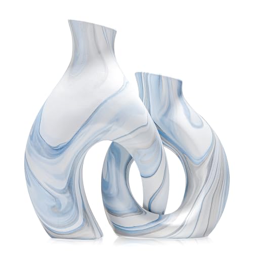 Blue Vases Set of 2, Modern Coastal Vase for Flowers, White vases for Table Centerpieces, Snuggle Hollow Vase Ceramic Decoration for Living Room, Nordic Boho Decor for Coffee Table Shelf - color: Blue Donut