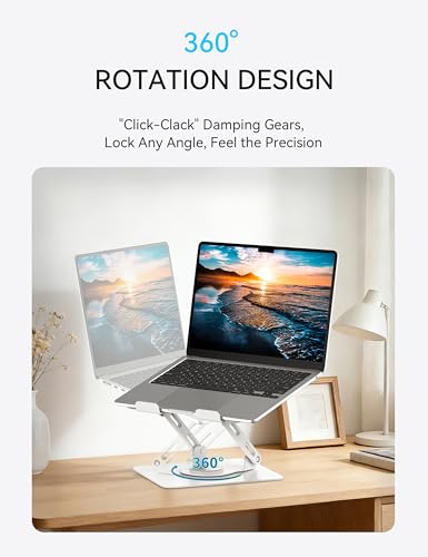 SOUNDANCE 360 Rotating Laptop Stand, Ergonomic Computer Riser for Desk, Adjustable Height Multi-Angle Metal Holder, Foldable Portable Notebook Elevating Base for Office & Home, White - color: White