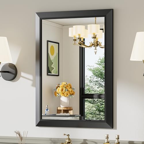 Briivue 22x30 Inch Black Bathroom Mirror for Wall, Thick Metal Framed Rectangle Mirrors for Over Sink, Bedroom, Living Room, Entryway, Anti-Rust, HD Tempered Glass - color: Black, size: 22"L x 30"W