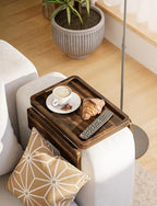 HOLANA Acacia Couch Armrest Table with 360° Rotating Phone Holder, Wooden Couch Tray – Sofa Side Table, Armchair Caddy for Home Sofa Living Room (Walnut, 13.75" D x 9.5" W x 2" H) - color: Walnut, size: 13.8" x 9.5" x 2"