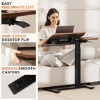 GTPLAYER Overbed Bedside Table with Wheels,Tiltable Hospital Bed Table Over The Bed, Pneumatic Adjustable Rolling Laptop Desk, Mobile Standing Desk for Hospital and Home Use (Walnut) - color: Walnut