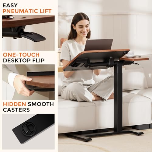 GTPLAYER Overbed Bedside Table with Wheels,Tiltable Hospital Bed Table Over The Bed, Pneumatic Adjustable Rolling Laptop Desk, Mobile Standing Desk for Hospital and Home Use (Walnut) - color: Walnut