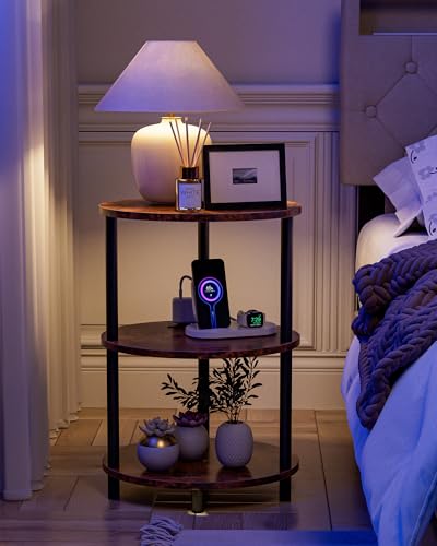 Small Round Side Table - 3-Tier Oval Accent Table for Small Spaces, Rustic Wood and Metal Nightstand for Living Room or Bedroom, with Built-in USB Ports and Power Outlet, Rustic Brown - color: Rustic Brown, size: 1-Pack, style: Includes Power Outlets