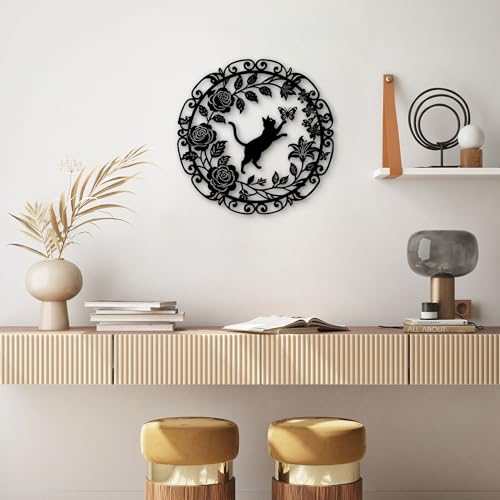 GlintHome Metal Cat Wall Art Decor Butterflies and Cats Black Wall Hanging Decor Silhouette for Home Bedroom Living Room Bathroom Kitchen Office Garden Wall Decoration - color: Black-2, size: Small