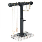 MyGift Industrial Pipe Black Metal T-Bar Adjustable Height Jewelry, Bracelet & Necklace Display Stand with Torched Wood Base - color: Black / Torched Wood
