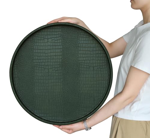 HofferRuffer Round Serving Tray 20'', Elegant Faux Leather Circle Ottoman Table Tray, Serve Tea Coffee Breakfast in Bedroom Living Room Kitchen(Green, 20") - color: Green, size: 20"