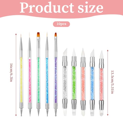 10Pcs Nail Art Brush Set, Nail Art Sculpture Pen Dual Tipped Silicone Nail Tools Acrylic Gel Nail Brush Crystal Handle Liner Brushes Rhinestone Nail Polish Carving Pen Nail Art Tools for Home Salon - color: Multicolor