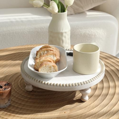 SwallowLiving Rustic White Round Wood Tray Riser Farmhouse Pedestal Stand with Beaded Edge for Decor Whitewash Finish Wooden Cupcake Display for Cakes and Decorative Items 11.8 inches - color: Rustic White