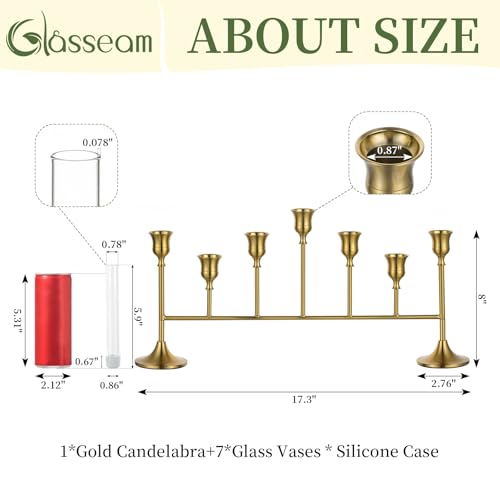 Bud Vases with Candlestick Holders: Glasseam 7PCS Small Glass Vase for Flowers & Gold Taper Candle Holders for Wedding Decor 5.9’’ Skinny Clear Vase & Silicon Case for Floral Arrangements Tablescapes