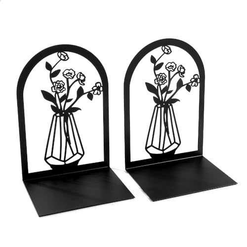 Vase Book Ends, Bookends - Metal Book Ends for Shelves, Non-Skid Bookends Decorative Unique for Heavy Books, Heavy Duty Book Holder for Home Office (3PC Style B)