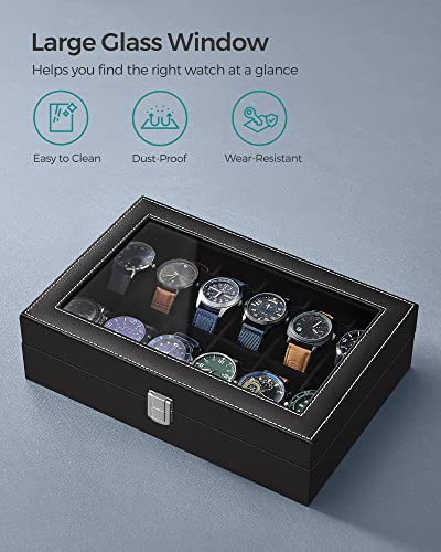SONGMICS Watch Box, 12-Slot Watch Case Organizer with Large Glass Lid, Removable Pillows, Gift for Loved Ones, Black Synthetic Leather, Black Lining UJWB012B01 - color: Black + Black, size: 12 Slot