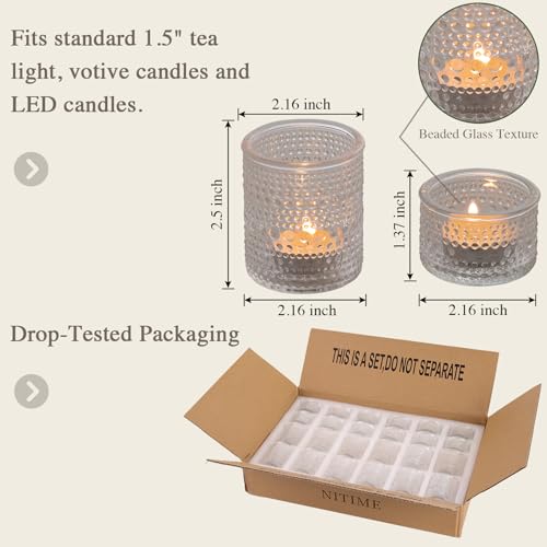 NITIME Glass Votive Candle Holders Set of 24, Assorted Heights Polka Dot Tea Light Holders for Wedding Centerpieces, Table Decor, Party & Home Decoration, Fits Standard Votives & Tea Lights - color: Clear