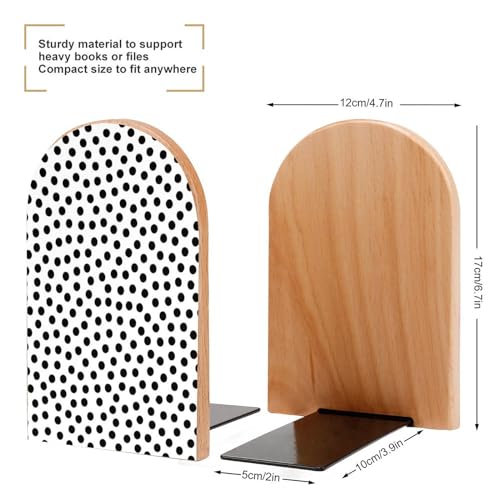 Wooden Bookends 2 Pcs,Black and White Polka Dots Heavy Duty Office Book Ends Anti Slip Book Shelf Holder with Metal Base Decorative Book Stands - color: Black and White Polka Dots
