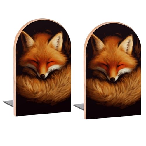 Red Fox Sleeping Book Ends Decorative Wood Bookends for Shelves Kids Room Desk Home Office Book Stoppers for Magazines,Books, DVDs, 1 Pair/2 Pieces(5x3.1 in)