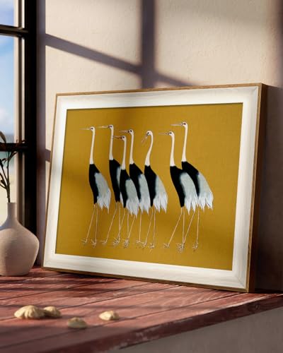 VIYYIEA Framed Wall Art for Living Room, Cranes Canvas Prints, Vintage Home Decor, Animals Painting Picture, Bathroom Wall Decor Gifts for Friends or Family - 16L x 12W - color: Animals-【Seven Cranes】, size: 16"L x 12"W