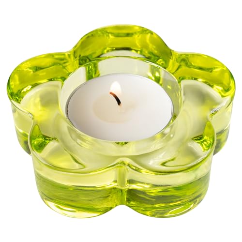 Karma Glass Flower Tealight Holder - Chunky Glass Candle Holder for Home & Party Decor, Wedding Table Centerpiece in Teal - color: Lime