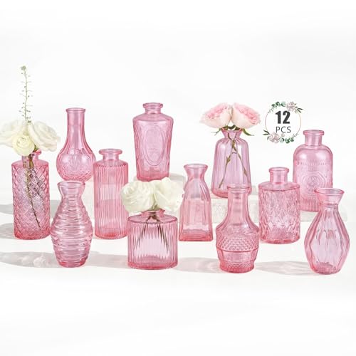 12 Pack Bud Vase in Bulk - BEAHOT Pink Flower Vases for Wedding Decorations, Glass Vase for Table Decorations, Small Vase for Home, Mother's Day, Centerpieces, Party, Office (Pink) - color: Pink