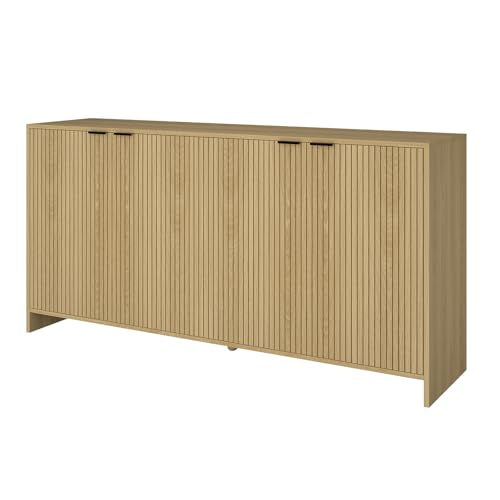BVIUNTWO Fluted TV Stand for TVs up to 70", Modern TV Console with Storage Cabinet, Entertainment Center with Adjustable Shelves & 4 Doors for Living Room, Natural Oak