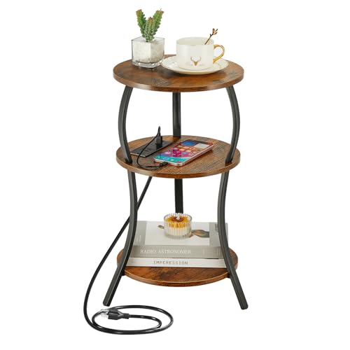 Small Round Side Table with Charging Station, 3-Tier Waist Circular End Table with Storage Shelf, Compact Tea Sofa Side Table Small Spaces, Round Corner Coffee Table for Living Room Bedroon,Brown - color: Rustic Brown, style: USB Charger