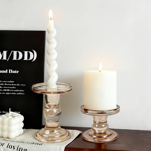 Glass Candle Holders, Set of 3 Candle Holders for Pillar Candles, Candlestick Holder for Pillar Taper TeaLight Candles, Table Centerpiece for Wedding Dining Living Room Home Decor