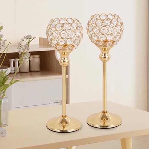 VINCIGANT Gold Crystal Candle Holders Set of 16 for Wedding Centerpieces,Votive Crystal Candle Holders for Home Fireplace Coffee Table Mantle Decor candelabros de mesa - size: 16 pcs 13" Tall