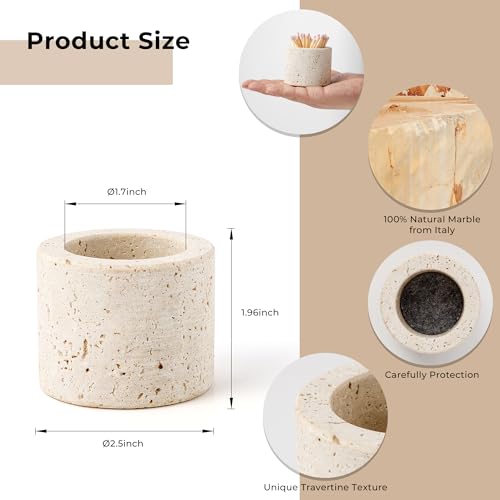 WORHE Travertine Stone Match Holder with Striker & Extra Striker Pad - 2.6" x 2" Decorative Matchstick Organizer for Fireplace, Candles, Parlor Cute Match Jar for Home Decor Gift, Matches Not Included - size: Small 2.6" x 2"