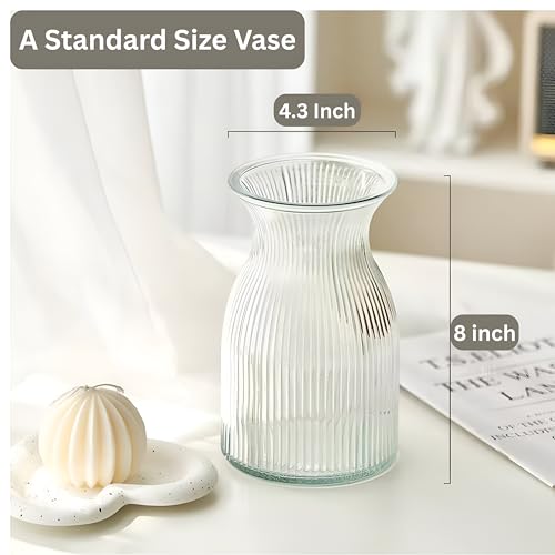 New 2026 Design Ribbed Glass Vase Wide - 8 Inch Tall Ribbed Vase for Wedding Reception, Home Decor, Housewarming Gift (Clear) Decorative Flower Vases - Bud Vase for Centerpieces Cylinder Vases