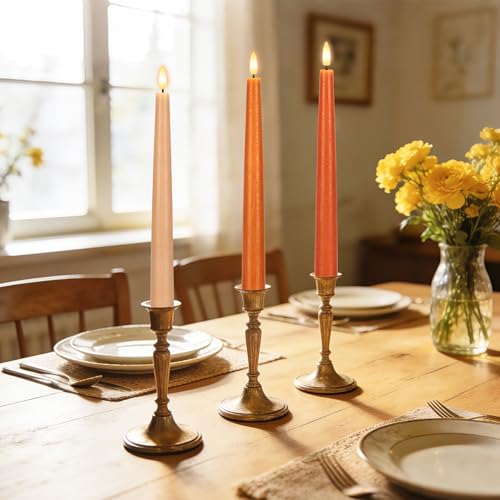 Flameless Taper Candles with Remote, 9.6" Battery Operated Flickering LED Candlesticks, Real Wax Warm Earth Tone Taper Candles for Wedding Centerpieces, Dinner Table, Mantel, Window, 3 Pack - color: Gradient Orange