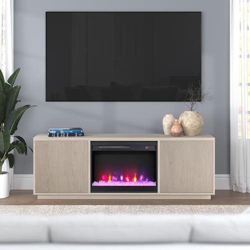 Henn&Hart Fluted TV Stand for TVs up to 75" with 26" Electric Crystal Rocks Fireplace and Ribbed Side Storage Cabinets for Living Room, Family Room, or Office, Beech White - color: Beech White, size: 70" TV Stand with Fireplace