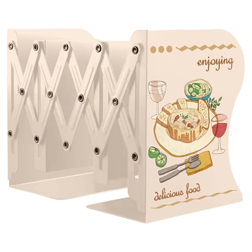 Cookbook Bookends, Kitchen Bookends, Adjustable Metal Book Ends for Shelves Decorative, Unique Design for Heavy Books, Non-Skid Book Holder for Kitchen Housewarming Cooking Lover Gifts (White 1) - color: White 1