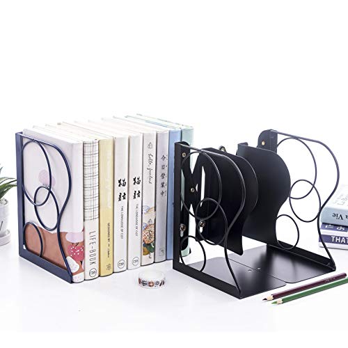 Adjustable Bookends Metal Book Ends for Heavy Book Holder Heavy Duty Bookends Nonskid Bookcase Desktop Book Organizer Binder Holder - color: Black-round