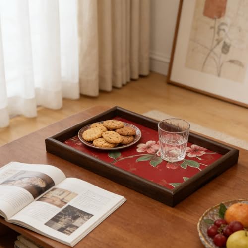 Wooden Valet Tray with Floral Base, EDC Catch All Tray Nightstand Entryway Table Vanity Organizer 11.8x7.9, Red Vintage Blossoms - color: Red Blossoms