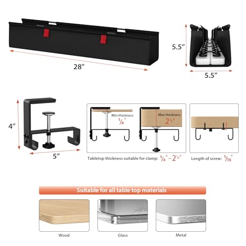 Univivi No Drill Under Desk Cable Management Tray, 28" Cord Organizer for Table, Clamp/Screw Mount Desk Cable Management, Premium Fabric Cable Management Tray for Office, Home - color: Black, size: 28"L x 5.5"W
