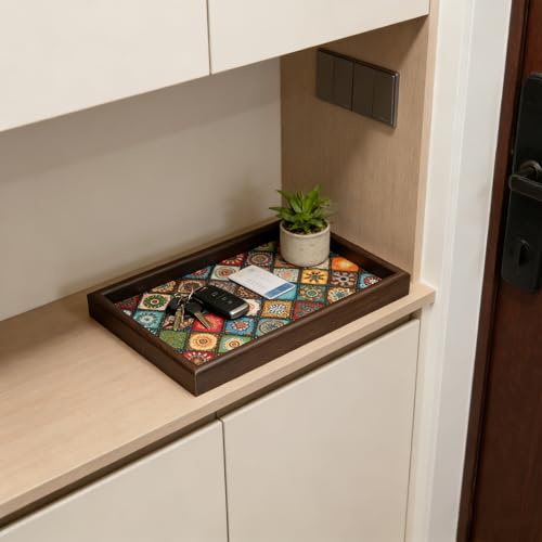 Wooden Valet Tray with Leather Base, EDC Catch All Tray Nightstand Entryway Table Vanity Organizer 11.8x7.9, Boho - color: Boho