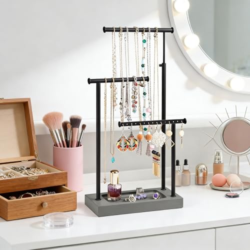 SRIWATANA Jewelry Organizer Display Extra Tall Necklace Holder 3 Tier Jewelry Tree Stand, Gift Idea (Weathered Grey & Black) - color: weathered grey