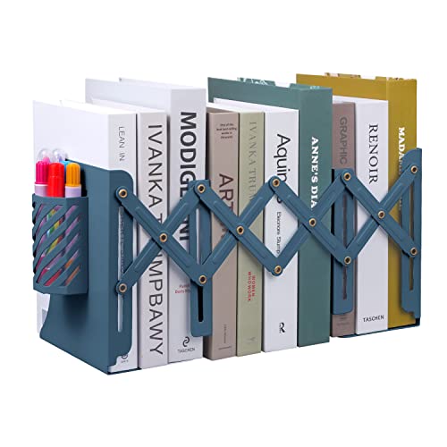MSDADA Adjustable Bookends, Book Ends for Heavy Books, Expandable Book Organizer with Pen Holder for Desk, Shelf, Office,School, Thanksgiving for Students and Teachers (Blue) - color: Blue