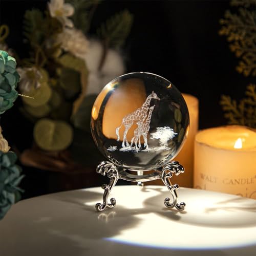 3D Laser Engraved Mom and Baby Giraffes Crystal Ball Paperweight Art Glass Animals Figurine Collectibles Glass Decorative Full Sphere with Stand Giraffe Gifts - color: Giraffe