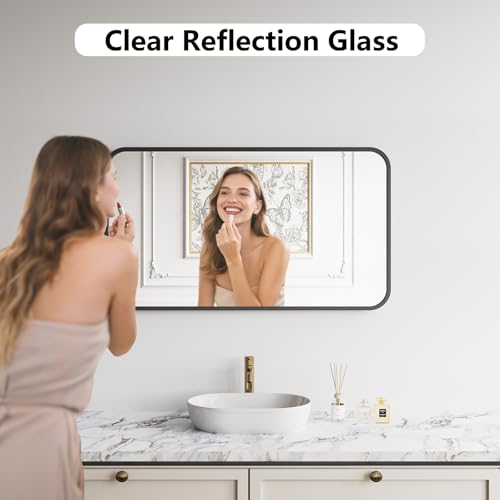 Koonmi Metal Framed Bathroom Mirror, 24"X42" Anti-Rust Bathroom Vanity Mirror, High-Definition Tempered Glass Bathroom Mirrors for Over Sink, Modern Decorative Wall Mirror for Restroom - color: Rounded Edged, size: 42"L x 24"W