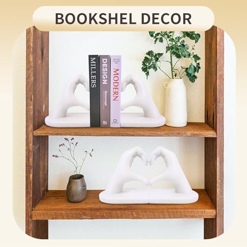 White Decorative Bookends for Shelves, Heart Hands Book Ends Sculpture Aesthetic Decor for Bedroom Living Room Merch Apartment Bookshelf Birthday Women Decorations Stuff Aesthetic - color: White