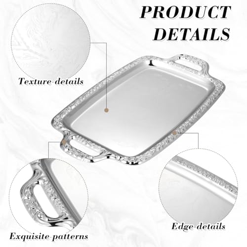 STOBAZA Silver Serving Tray, Metal Coffee Table Ottoman Tray with Handles, Rectangle Butler Plate for Breakfast in Bed, Table Decor - 15.3X9X0.67inch