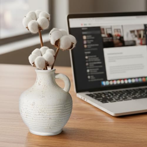 Sunddo White Ceramic Vase with Handles, Rustic Farmhouse Terracotta Small Vase, Pottery Decorative Flower for Home Decor, Table, Living Room, Bathroom, Shelf, Mantel Decor - color: White - 6, size: 6 Inch
