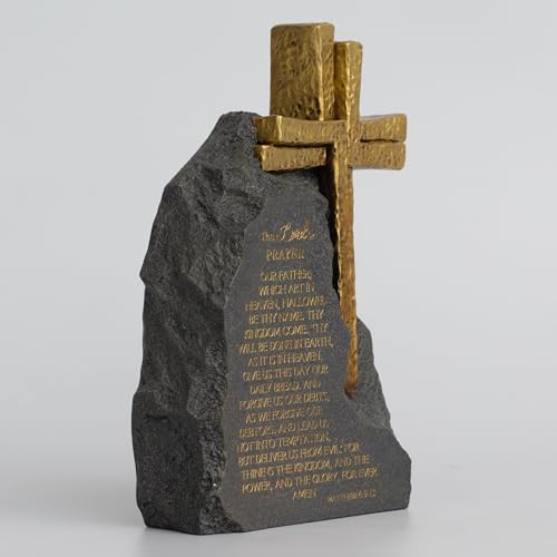 The Lord's Prayer Stone Decor, Religious Cross, Resin Black with Gold Text, 9.4inches, Christian Home Office Table Decoration - color: Black