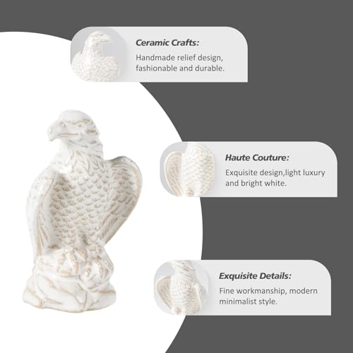 Ceramic Eagle Statue - Modern Hawk Sculpture for Home, Mini Eagle Decor, Figurine Hawk Trophy for Living Room, Bathroom, Bookshelf, Desktop, Car (White) - color: White