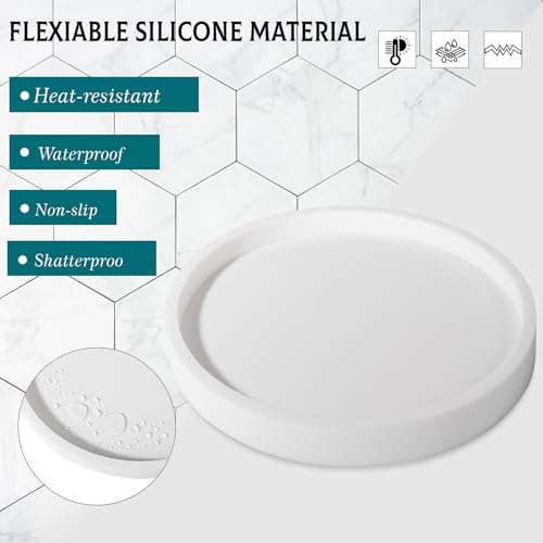 Silicone Bathroom Tray Round Vanity Tray Decorative Soap Holder Kitchen Countertop Organizer Coffee Table Decor for Candle, Perfume, Plant, 9 Inch, White - color: White, size: 9"