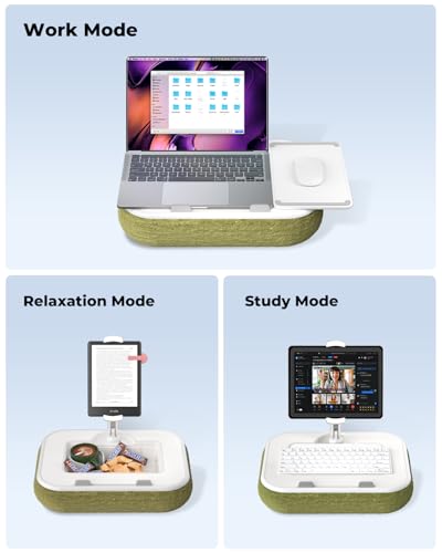 Viozon Kindle Pillow Stand Holder, Phone Holder for Bed, Laptop Lap Desk with Mouse Pad,Compatible with 4.7-13" Kindle/Tablet/Phone,10-15" Laptop, Snack Bowl&Cup Attachment&Detachable 360° Stand Arm - color: Green