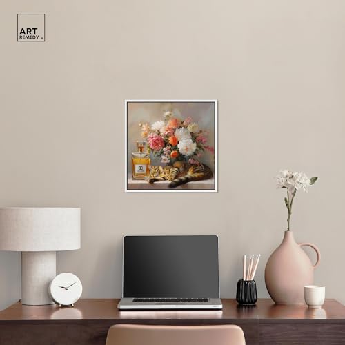 Art Remedy Cat Floral Vase Perfume Canvas Fashion Pet Art, White Frame, 16" x 16" - color: White Frame, size: 17"L x 17"W