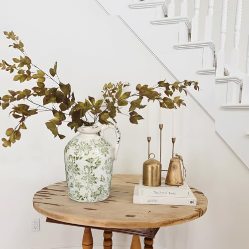 Ceramic Rustic Farmhouse Vase, 9 inch Ceramic Green and White Vase for Centerpieces Pampas Grass Pottery Jug with Handle Boho Chinoiserie Decor Vintage Vases for Living Room Kitchen Dinner Table Shelf - color: Light Green and White