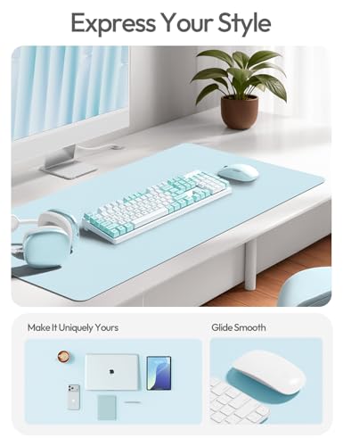 YSAGi Leather Desk Protector, Office Mat, Large Mouse Mat, Non-Slip PU Leather Blotter, Laptop Pad, Waterproof Writing Pad for Office and Home (Baby Blue, 35.4" x 17") - color: Baby Blue, size: 35.4" x 17"